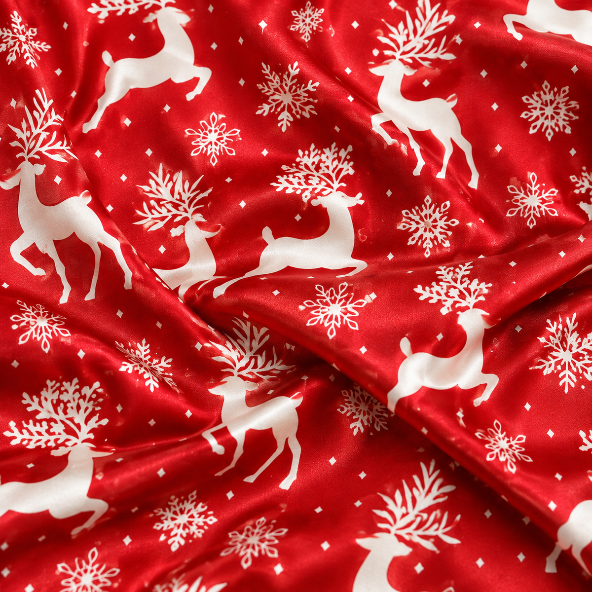 PJ-M2233-Red Reindeer Christmas Satin Pajama Set, Snowflake Winter Holiday Festive Cozy Sleepwear
