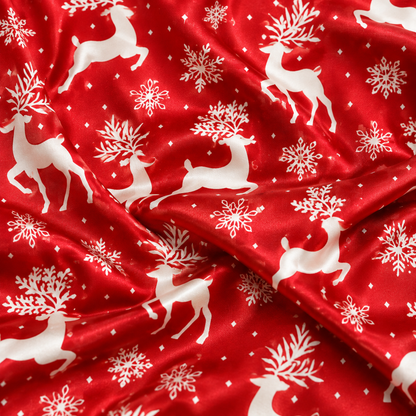 PJ-M2233-Red Reindeer Christmas Satin Pajama Set, Snowflake Winter Holiday Festive Cozy Sleepwear