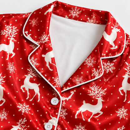 PJ-M2233-Red Reindeer Christmas Satin Pajama Set, Snowflake Winter Holiday Festive Cozy Sleepwear