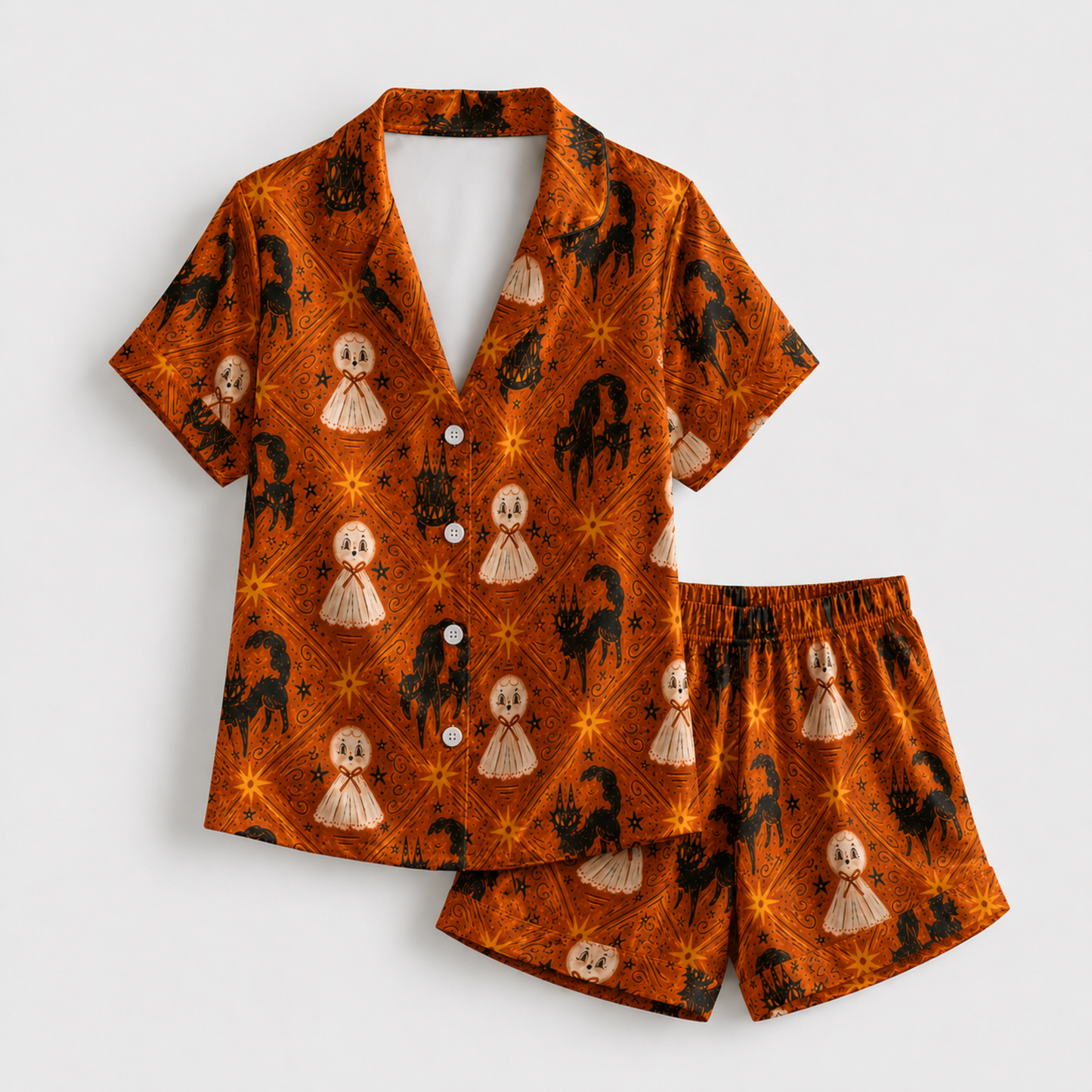 PJ-M238-Spooky Halloween Pajama Apparel, Spooky Pattern Loungewear Sleepwear Collection Top Bottom Matching Clothing