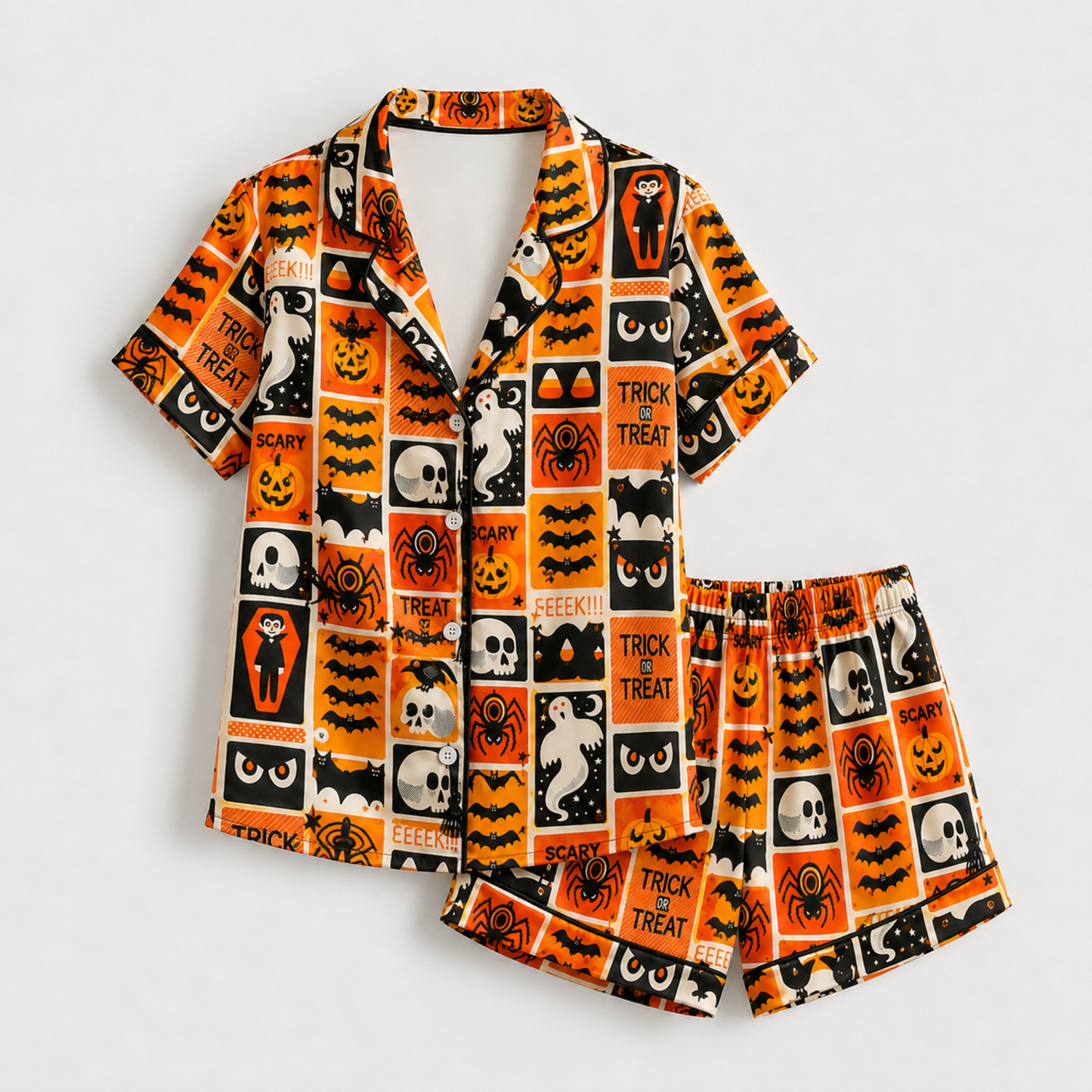 PJ-M239-Orange Halloween Pajama Apparel, Spooky Pattern Loungewear Sleepwear Collection Top Bottom Matching Clothing