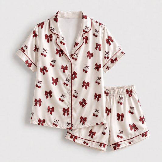 PJ-M241-Alabaster Graphic Pajama Apparel, Elegant Ribbon Motif Loungewear Sleepwear Collection Top Bottom Garments