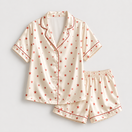 PJ-M242-Star Pajama Apparel, Red Pattern Loungewear Sleepwear Collection Top Bottom Matching Clothing