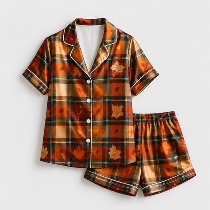 PJ-M243-Orange Fabric Aesthetic Pajama Apparel, Whimsical Fall Graphic Loungewear Sleepwear Collection Top Bottom Raiment