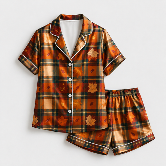 PJ-M243-Orange Fabric Aesthetic Pajama Apparel, Whimsical Fall Graphic Loungewear Sleepwear Collection Top Bottom Raiment