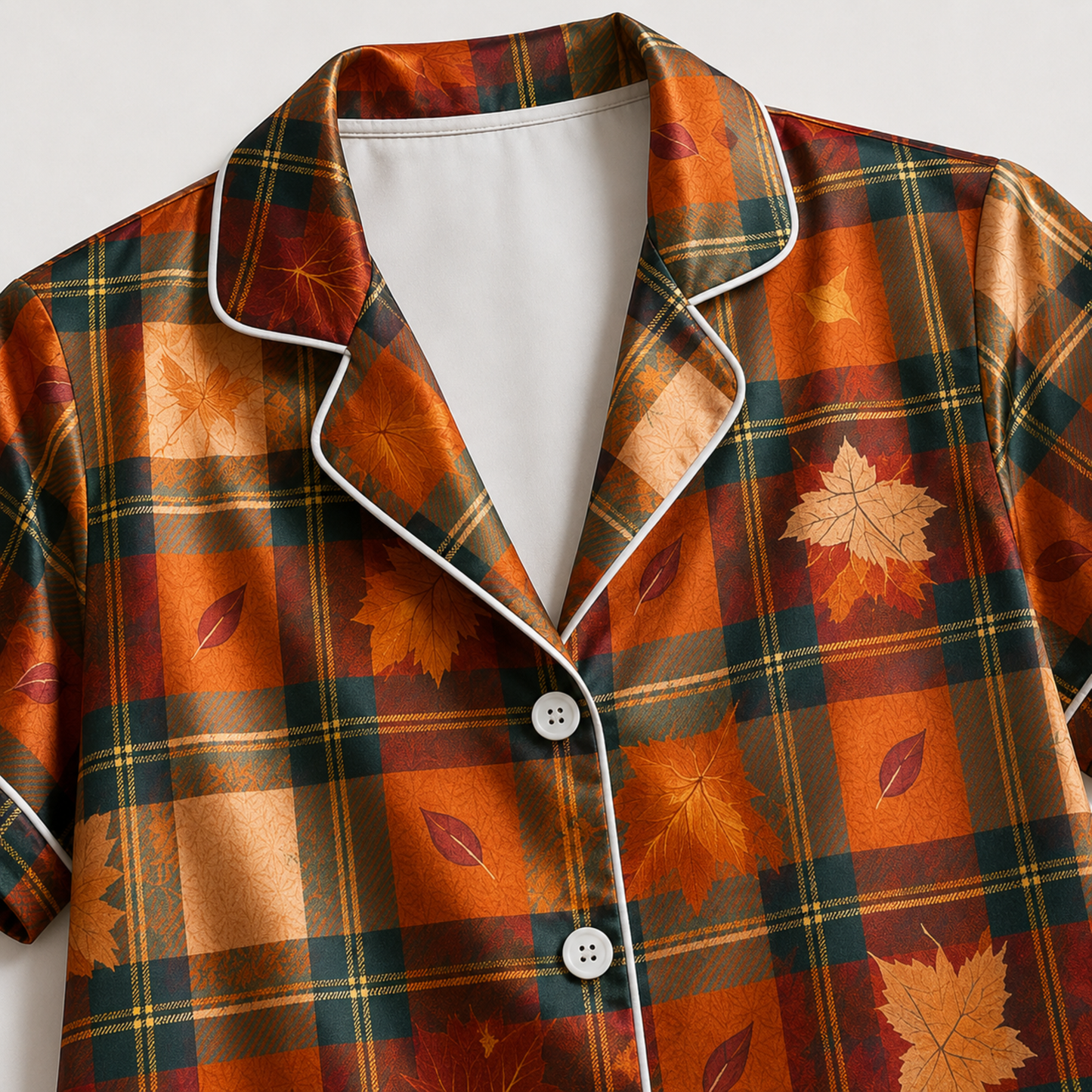 PJ-M243-Orange Fabric Aesthetic Pajama Apparel, Whimsical Fall Graphic Loungewear Sleepwear Collection Top Bottom Raiment