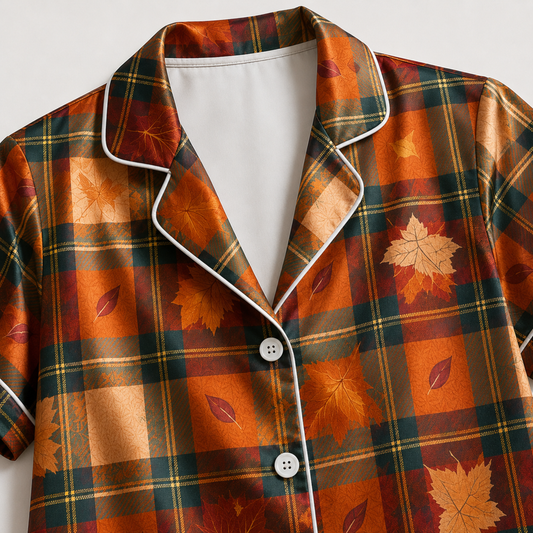 PJ-M243-Orange Fabric Aesthetic Pajama Apparel, Whimsical Fall Graphic Loungewear Sleepwear Collection Top Bottom Raiment
