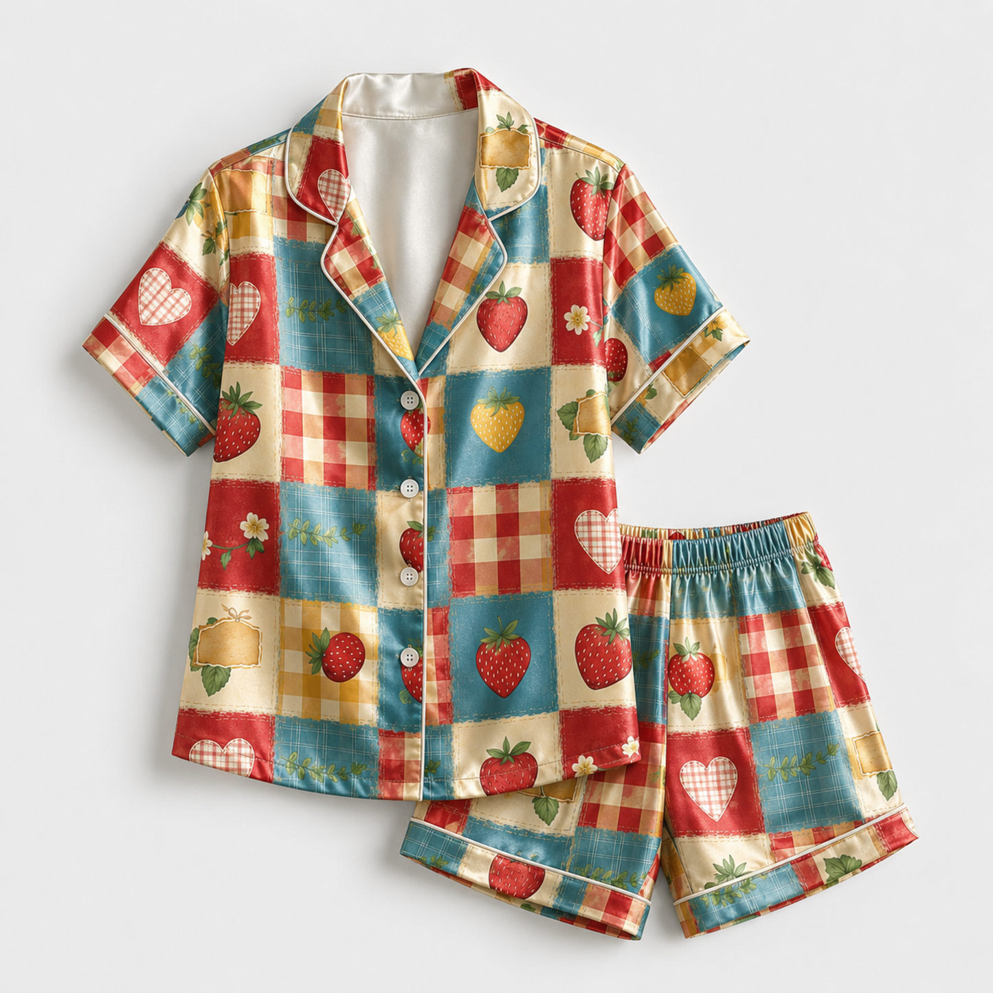 PJ-M244-Multi Strawberry Pajama Apparel, Gingham Pattern Loungewear Sleepwear Collection Top Bottom Matching Clothing