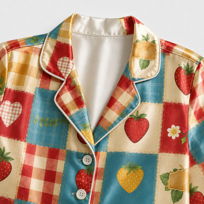PJ-M244-Multi Strawberry Pajama Apparel, Gingham Pattern Loungewear Sleepwear Collection Top Bottom Matching Clothing