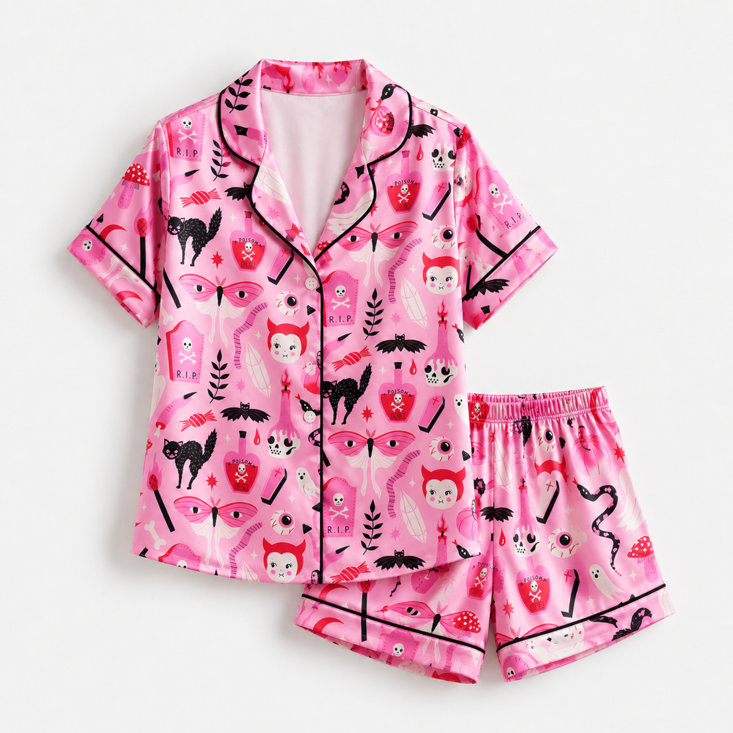 PJ-M245-Rose Halloween Aesthetic Pajama Apparel, Whimsical Occult Graphic Loungewear Sleepwear Collection Top Bottom Raiment