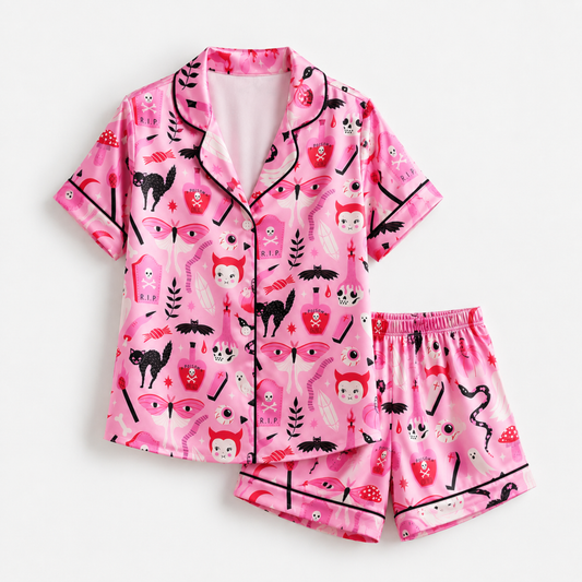 PJ-M245-Rose Halloween Aesthetic Pajama Apparel, Whimsical Occult Graphic Loungewear Sleepwear Collection Top Bottom Raiment