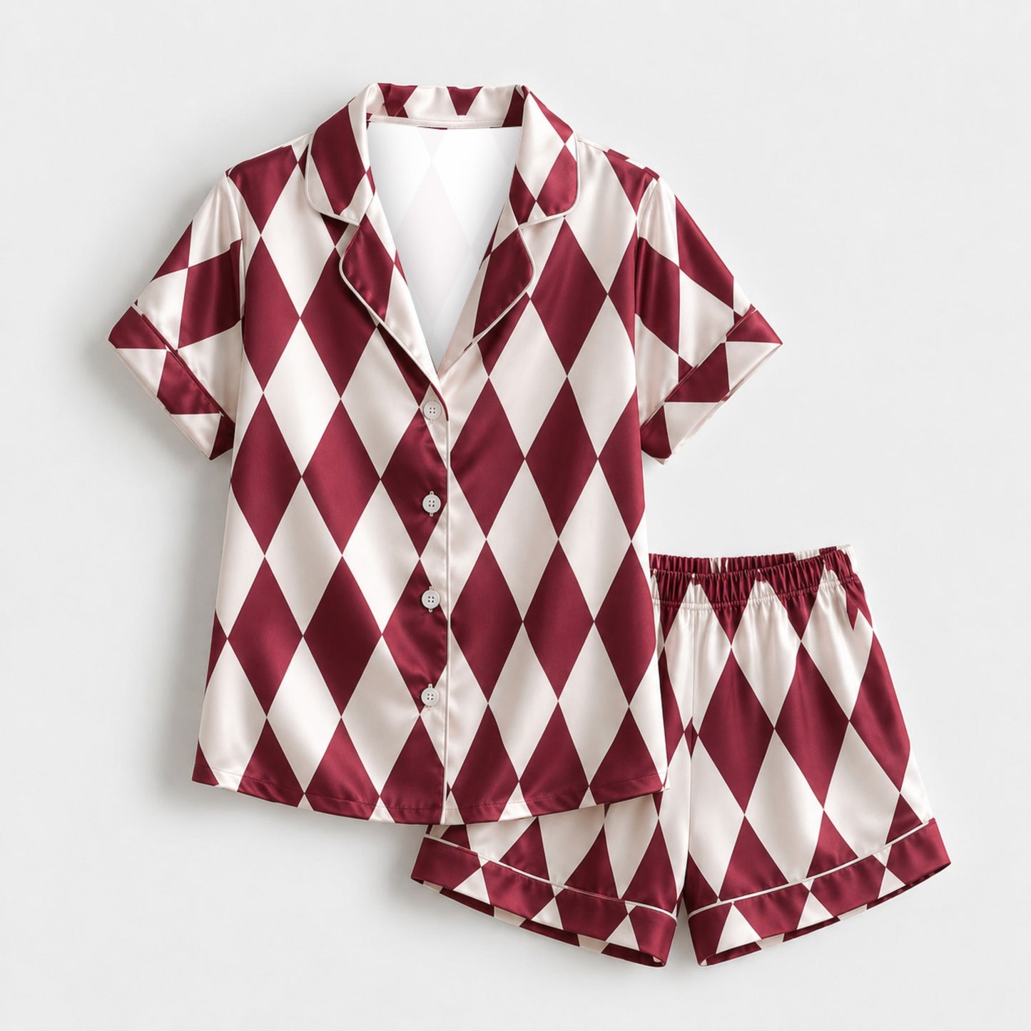 PJ-M246-Wine Synthetic Lattice Pajama Apparel, Elegant Printed Loungewear Sleepwear Collection Top Bottom Matching Attire