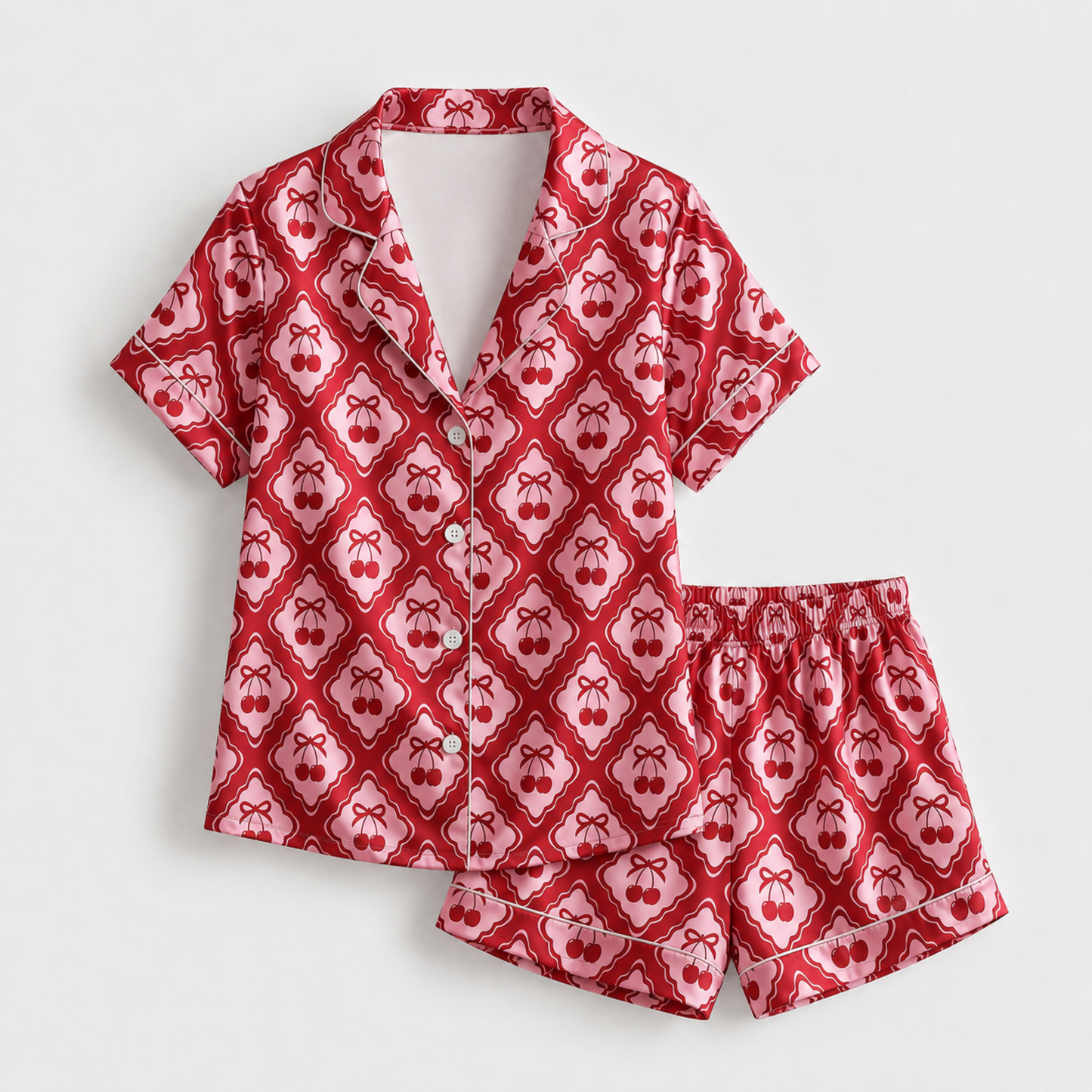 PJ-M247-Cherry Pajama Apparel, Diamond Pattern Loungewear Sleepwear Collection Top Bottom Matching Clothing