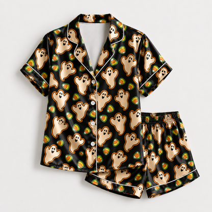 PJ-M249-Black Halloween Ghost Pajama Apparel, Candy Corn Pattern Loungewear Sleepwear Collection Top Bottom Clothing