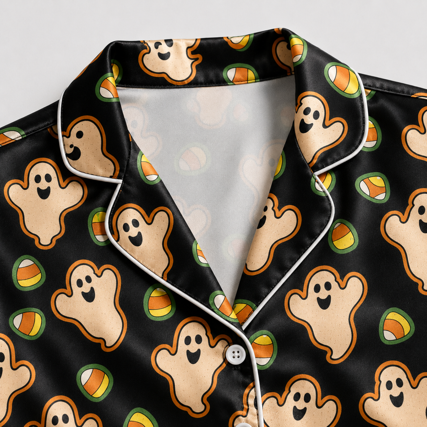 PJ-M249-Black Halloween Ghost Pajama Apparel, Candy Corn Pattern Loungewear Sleepwear Collection Top Bottom Clothing