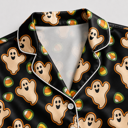 PJ-M249-Black Halloween Ghost Pajama Apparel, Candy Corn Pattern Loungewear Sleepwear Collection Top Bottom Clothing