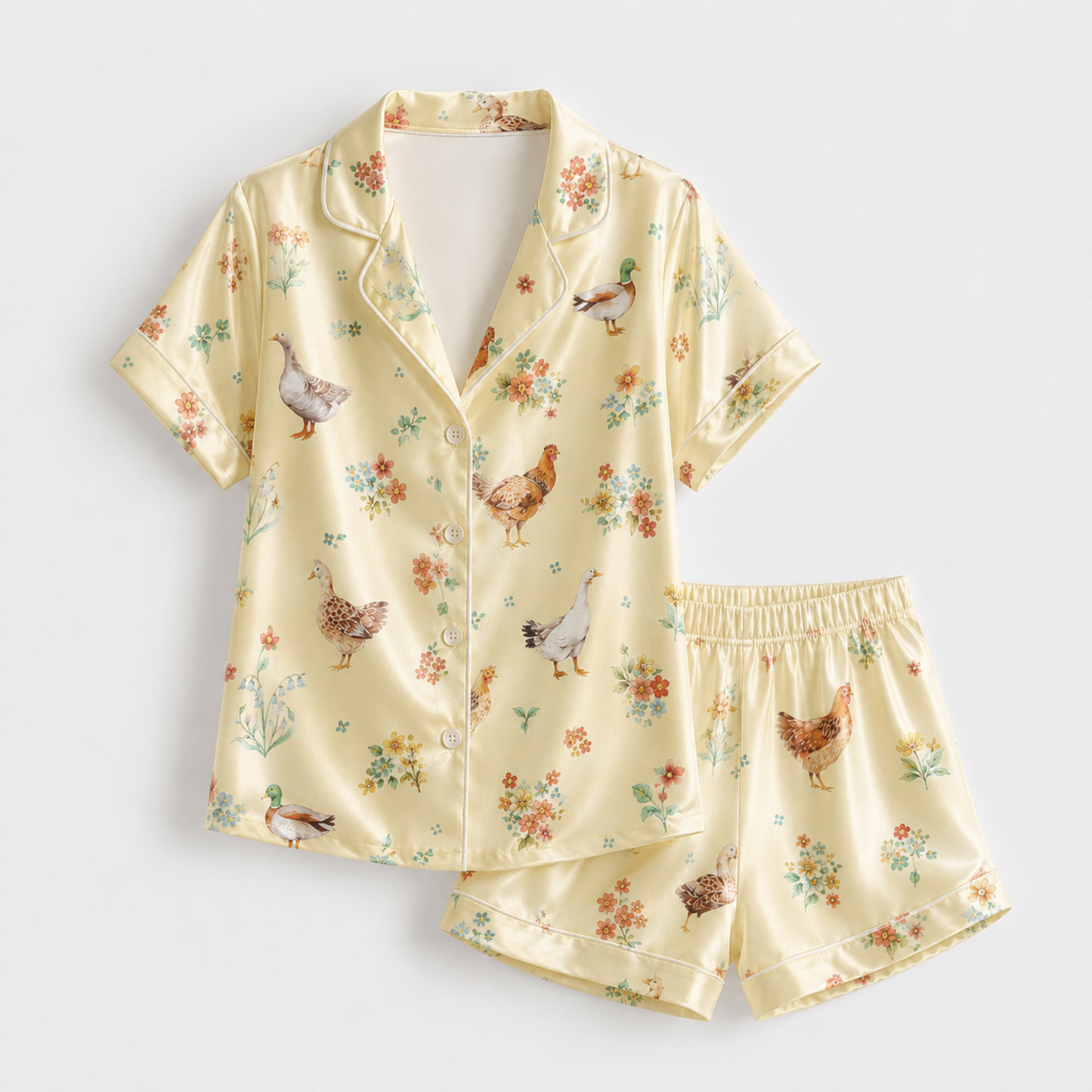 PJ-M250-Yellow Farm Pajama Apparel, Duck Floral Pattern Loungewear Sleepwear Collection Top Bottom Clothing