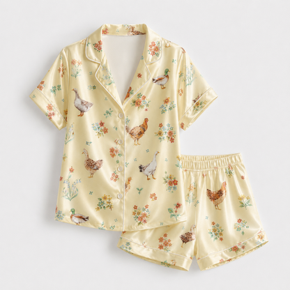 PJ-M250-Yellow Farm Pajama Apparel, Duck Floral Pattern Loungewear Sleepwear Collection Top Bottom Clothing