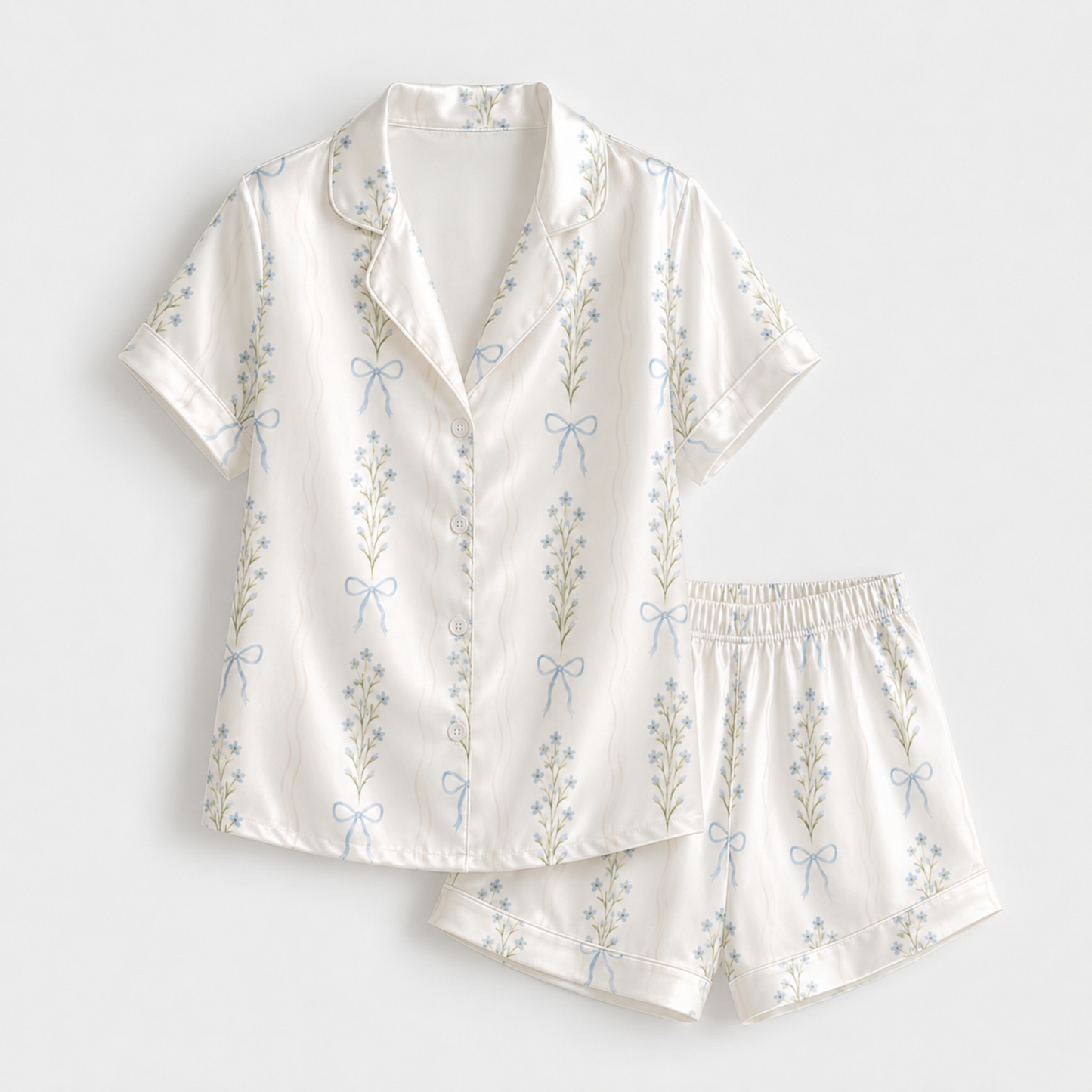 PJ-M251-Cream Fabric Aesthetic Pajama Apparel, Whimsical Blossom Graphic Loungewear Sleepwear Collection Top Bottom Raiment