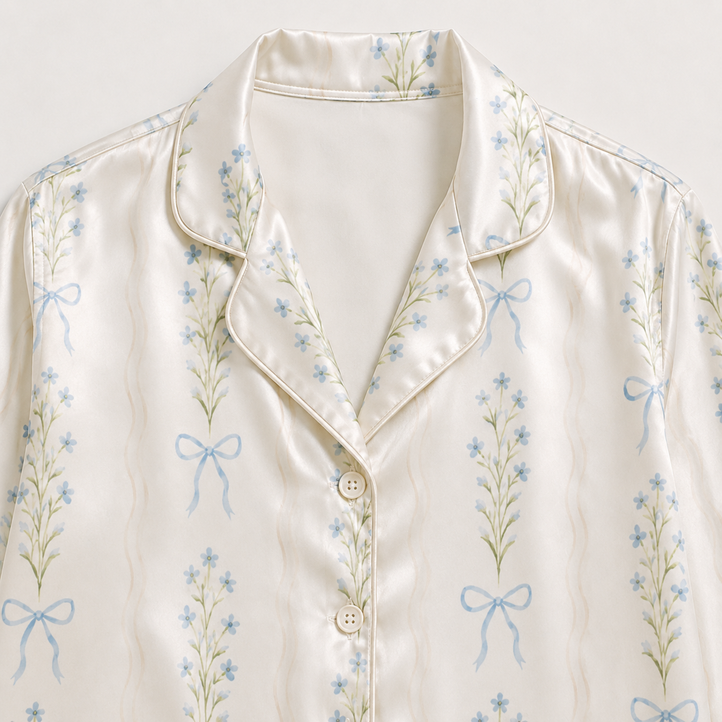 PJ-M251-Cream Fabric Aesthetic Pajama Apparel, Whimsical Blossom Graphic Loungewear Sleepwear Collection Top Bottom Raiment