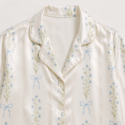 PJ-M251-Cream Fabric Aesthetic Pajama Apparel, Whimsical Blossom Graphic Loungewear Sleepwear Collection Top Bottom Raiment