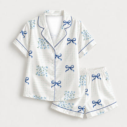 PJ-M254-Ribbon Print Satin Pajama Set, Matching Sleepwear and Cozy Loungewear Collection