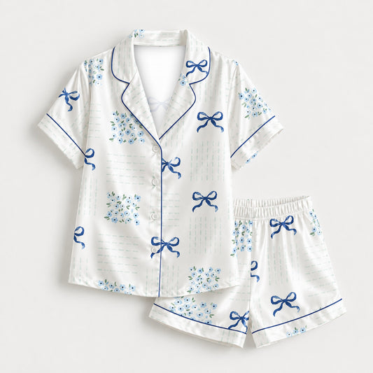PJ-M254-Ribbon Print Satin Pajama Set, Matching Sleepwear and Cozy Loungewear Collection
