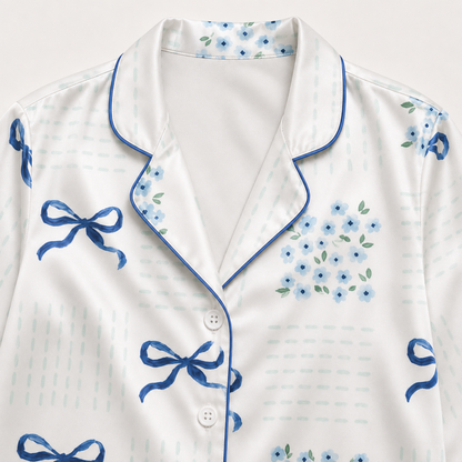 PJ-M254-Ribbon Print Satin Pajama Set, Matching Sleepwear and Cozy Loungewear Collection