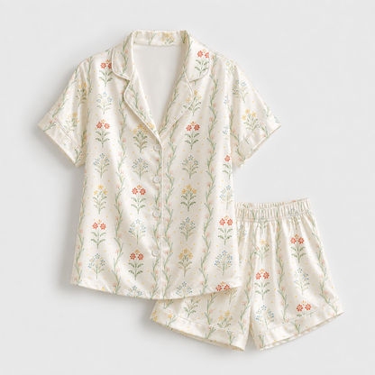 PJ-M255-Flower Pattern Satin Pajama Set, Soft Matching Sleepwear for Everyday Comfort