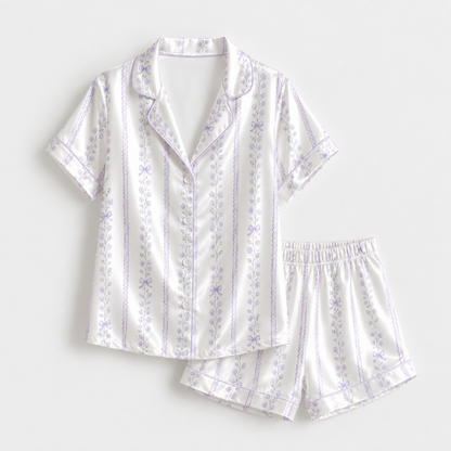 PJ-M256-Elegant Floral Satin Pajama Set, Comfortable Matching Nightwear and Loungewear
