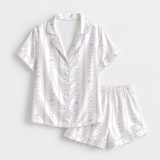 PJ-M256-Elegant Floral Satin Pajama Set, Comfortable Matching Nightwear and Loungewear