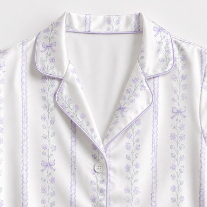 PJ-M256-Elegant Floral Satin Pajama Set, Comfortable Matching Nightwear and Loungewear