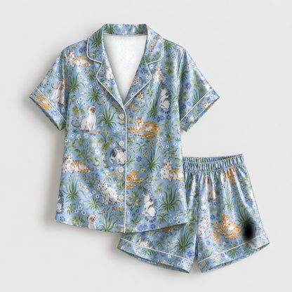PJ-M257-Cute Cat Satin Pajama Set with Playful Kitty Pattern for Cozy Everyday Sleepwear
