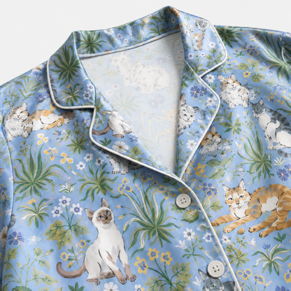 PJ-M257-Cute Cat Satin Pajama Set with Playful Kitty Pattern for Cozy Everyday Sleepwear