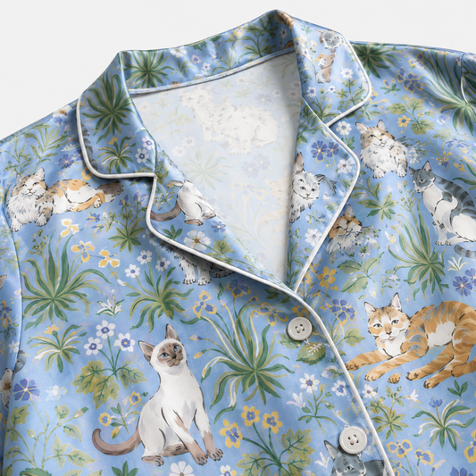 PJ-M257-Cute Cat Satin Pajama Set with Playful Kitty Pattern for Cozy Everyday Sleepwear