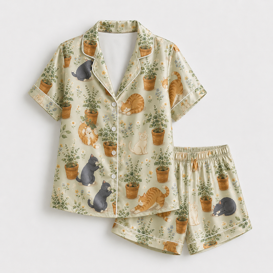 PJ-M258-Adorable Kitty Satin Pajama Set with Cute All Over Cat Pattern for Cozy Sleepwear