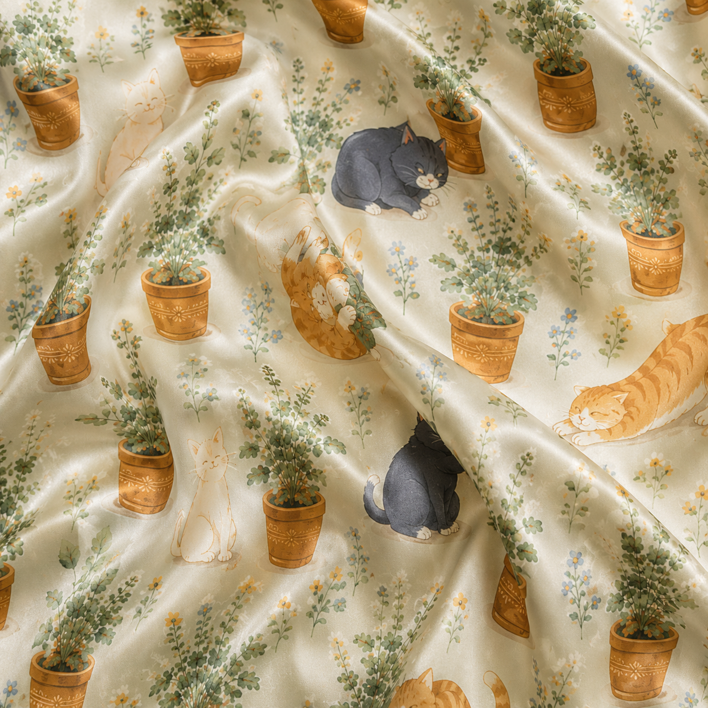 PJ-M258-Adorable Kitty Satin Pajama Set with Cute All Over Cat Pattern for Cozy Sleepwear