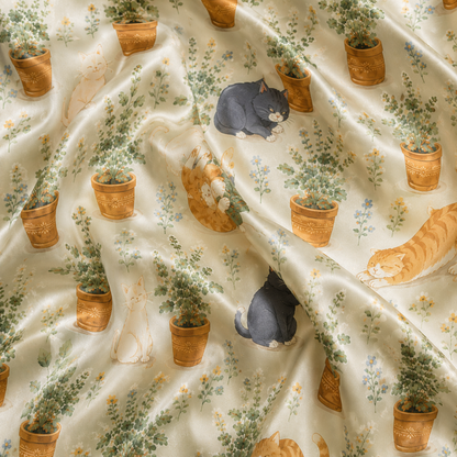 PJ-M258-Adorable Kitty Satin Pajama Set with Cute All Over Cat Pattern for Cozy Sleepwear
