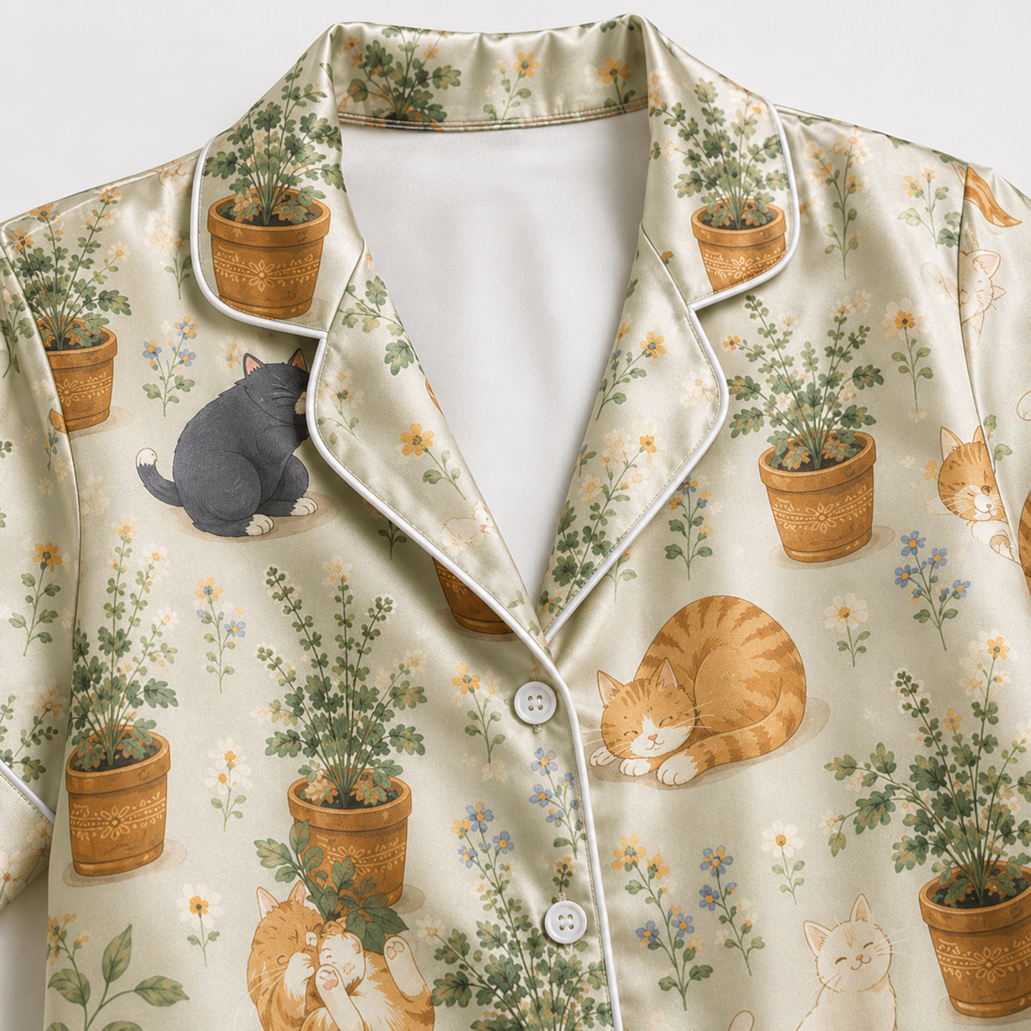 PJ-M258-Adorable Kitty Satin Pajama Set with Cute All Over Cat Pattern for Cozy Sleepwear