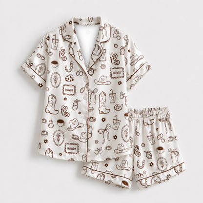PJ-M260-Elegant Ribbon Drink Boot Pattern Satin Pajama Set, Soft Matching Sleepwear for Everyday Comfort