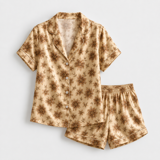 PJ-M264-Vintage Floral Print Satin Pajama Set, Coordinated Sleepwear and Cozy Loungewear