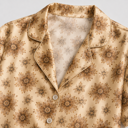 PJ-M264-Vintage Floral Print Satin Pajama Set, Coordinated Sleepwear and Cozy Loungewear