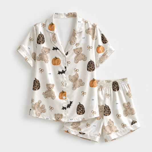 PJ-M265-Halloween Pattern Sleepwear Collection, Satin Pajama Set for Cozy Nights and Lounging