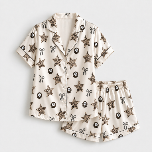 PJ-M266-Billiards Satin Pajama Set with Pool Balls, Stars and Cue Game Pattern for Cozy Sleepwear and Playful Loungewear