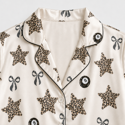 PJ-M266-Billiards Satin Pajama Set with Pool Balls, Stars and Cue Game Pattern for Cozy Sleepwear and Playful Loungewear