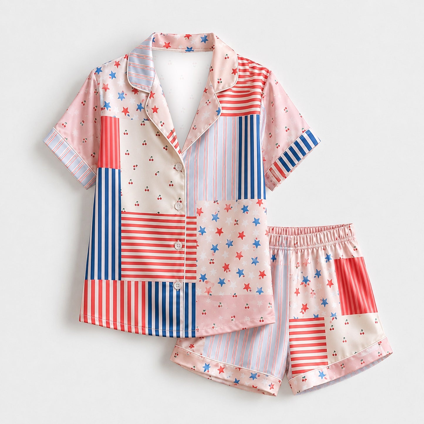 PJ-M267-Patriotic Stars & Stripes Satin Pajama Set with Americana Pattern for Fourth of July Celebrations and Festive Loungewear