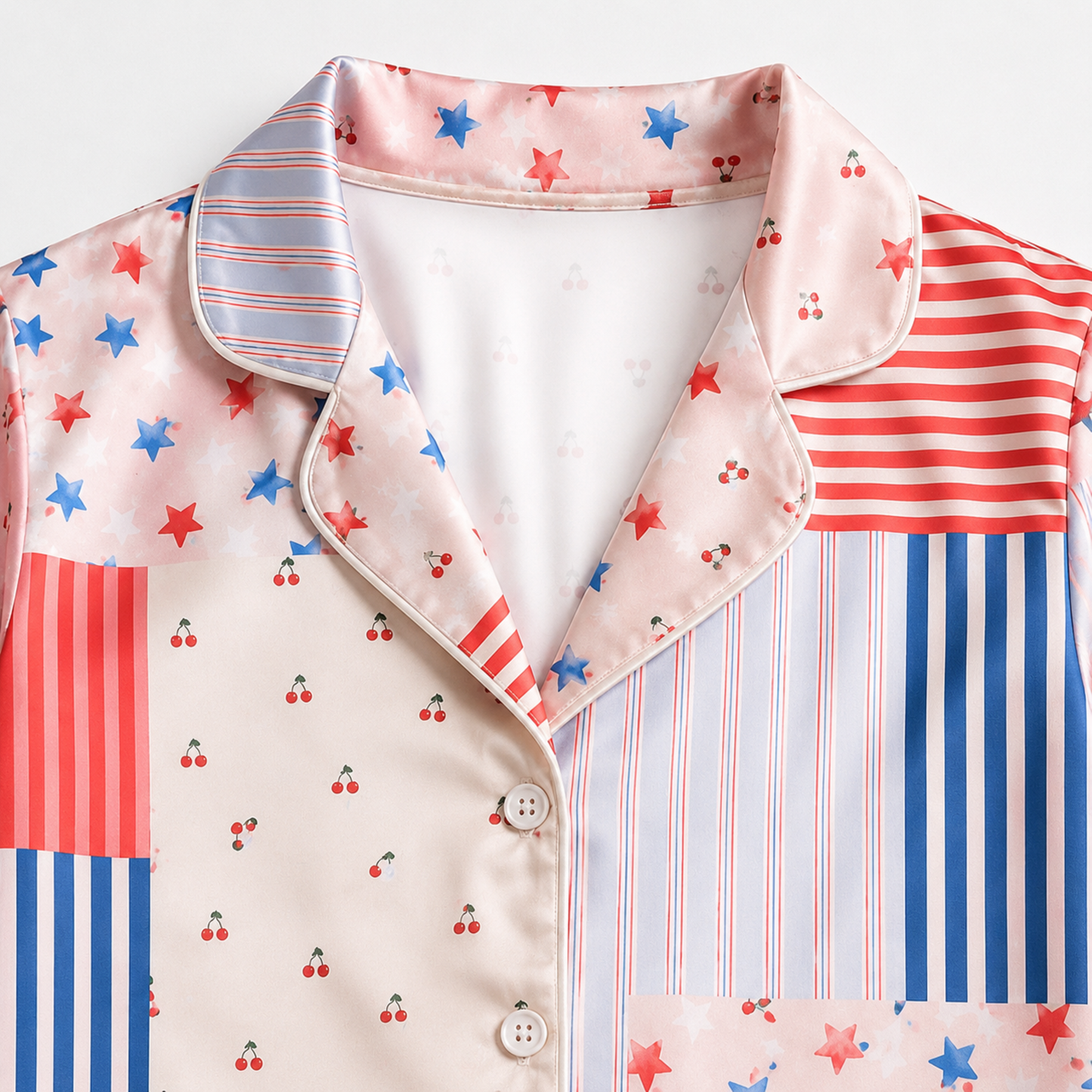 PJ-M267-Patriotic Stars & Stripes Satin Pajama Set with Americana Pattern for Fourth of July Celebrations and Festive Loungewear