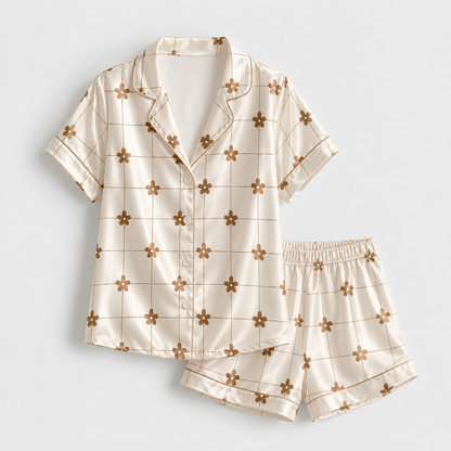 PJ-M268-Classic Flower Pattern Satin Pajama Set, Stylish Matching Nightwear for Everyday Comfort
