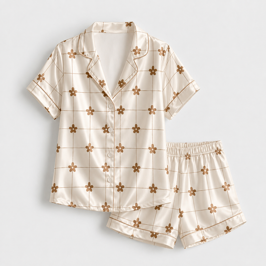PJ-M268-Classic Flower Pattern Satin Pajama Set, Stylish Matching Nightwear for Everyday Comfort