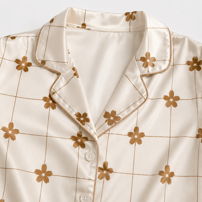 PJ-M268-Classic Flower Pattern Satin Pajama Set, Stylish Matching Nightwear for Everyday Comfort